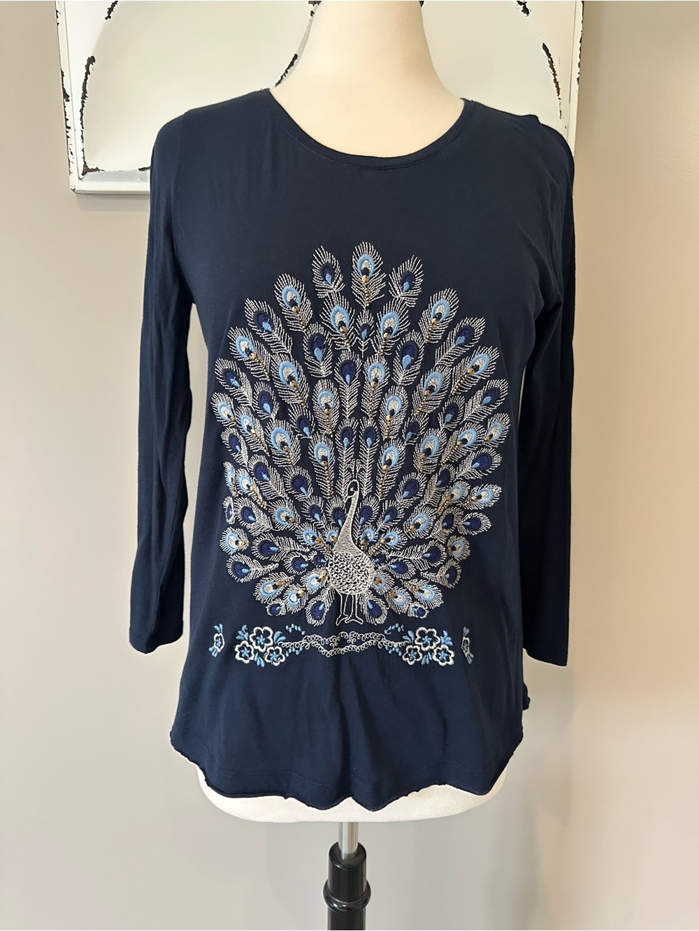 Lucky Brand Peacock Embroidered Long-Sleeve Top - Navy